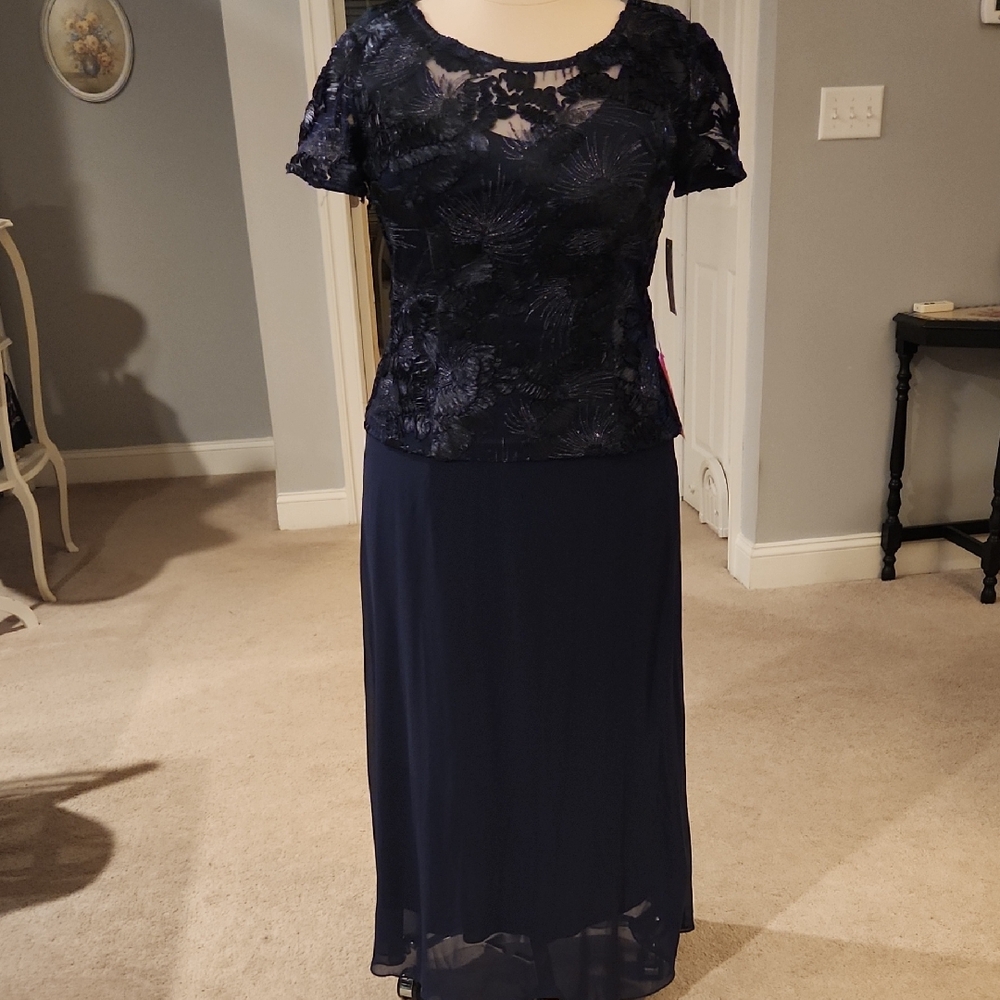 Alex Evenings Navy Blue Lace Bodice Maxi Dress